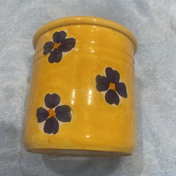 Lamas Pottery Utensil Holder Crock Hand Made Italy 6x5.5” Yellow w/ Blue Flowers - Picture 7 of 9